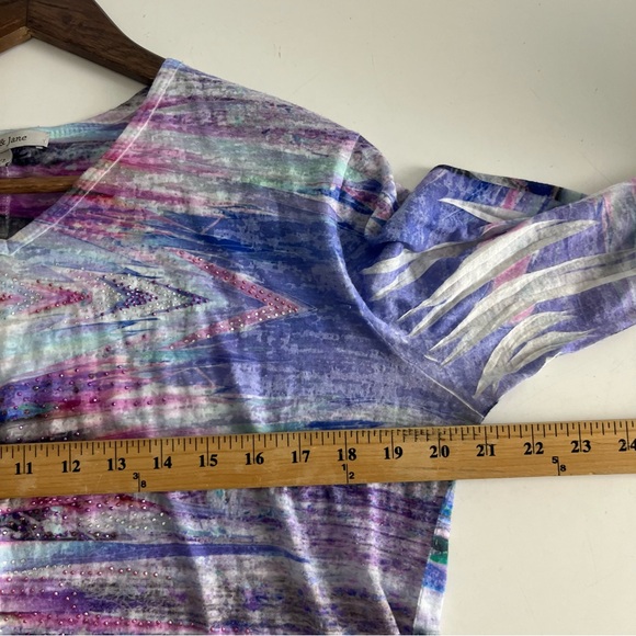 Jess and Jane Artsy Abstract RhinestoneV Neck Lightweight Colorful Blouse Sz XL - Picture 5 of 6